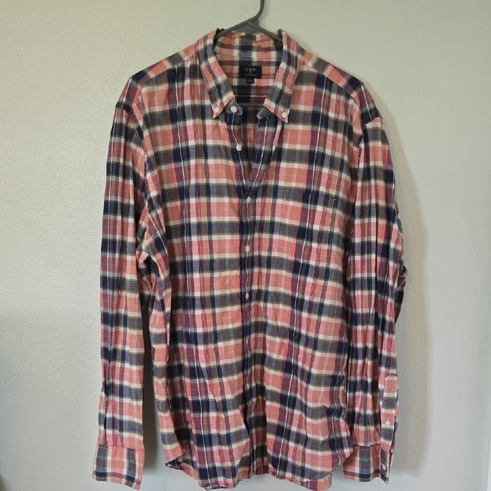J. Crew Pink And Navy Plaid Button Down Size XL